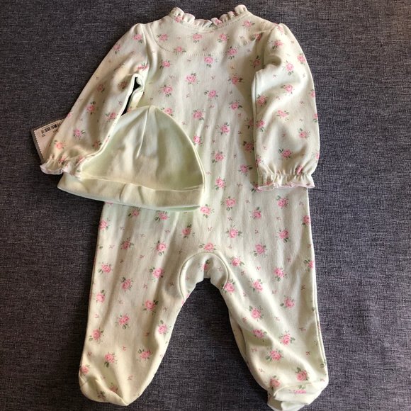 FIRST IMPRESSIONS Long sleeve footed romper light green & pink - Size 0-3 mo NWT - Picture 2 of 6